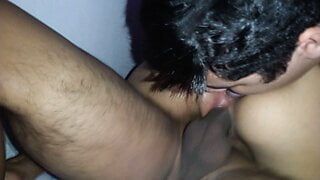 cuckold assisting cheating wife while getting fucked by black guy, licking her holes and both creampie her