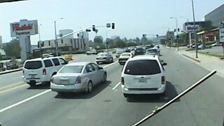 Three horny dudes invited redhead chick to drop off at her door in their bang van