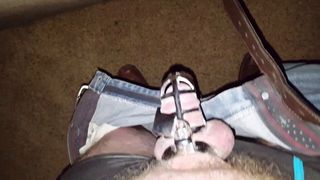 Wife gets wet watching caged cuckold husband suck her Bull