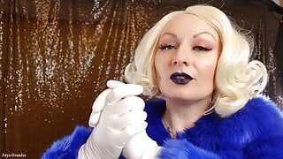 Medical nitrile white nurse gloves and fur with dark lipstick – Blonde ASMR