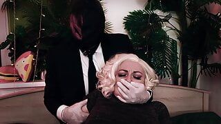 Hot kinky: man covers the girl’s mouth and then cuts her clothes off. Medical gloves and moans