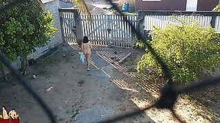 My wife goes outdoor and drops the towel. She walks nude outside