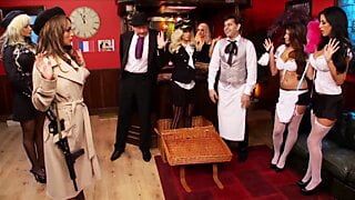 Five sexy sluts take turns waiting to fuck the two cocks