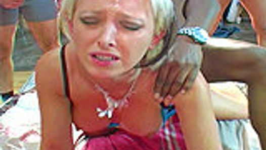 Thin blonde milf gangbanged and cummed over