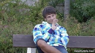 Husband watching stranger drilling his young wife