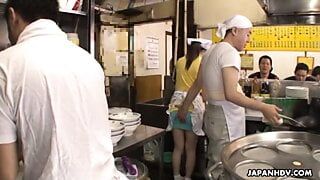 Sexy Japanese waitress Asuka gets gangbanged and creampied i