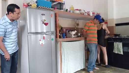 The cuckold looks surprised as his stepdad fucks me hard in the kitchen while I swallow his milk.